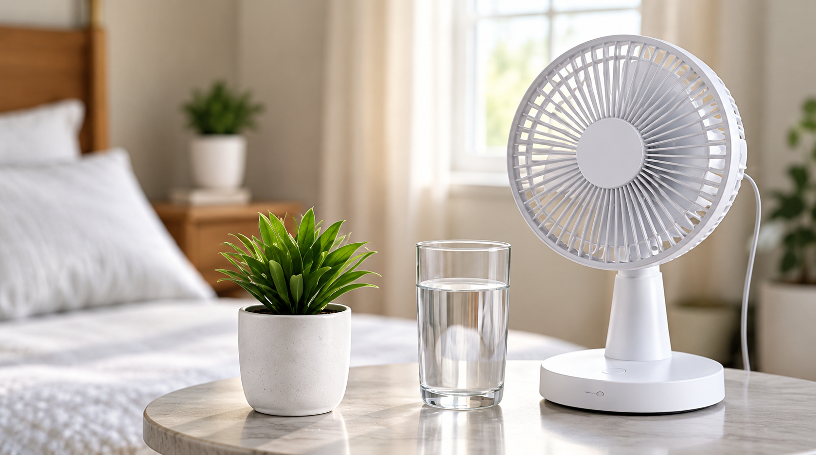 A small fan on a table in a bedroom