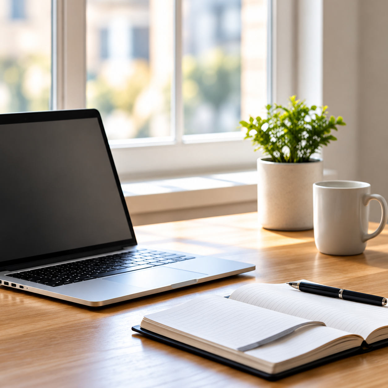 laptop on a desk in front of a window