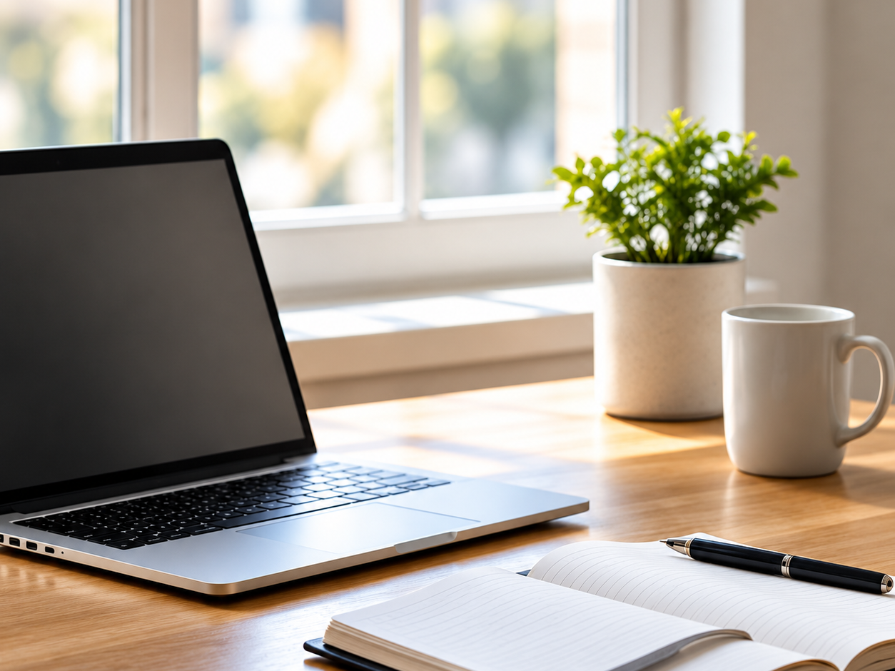 laptop on a desk in front of a window