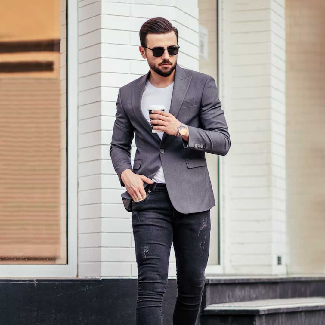 Man wearing Men’s White Slim Fit Crewneck Thompson Tee under blazer