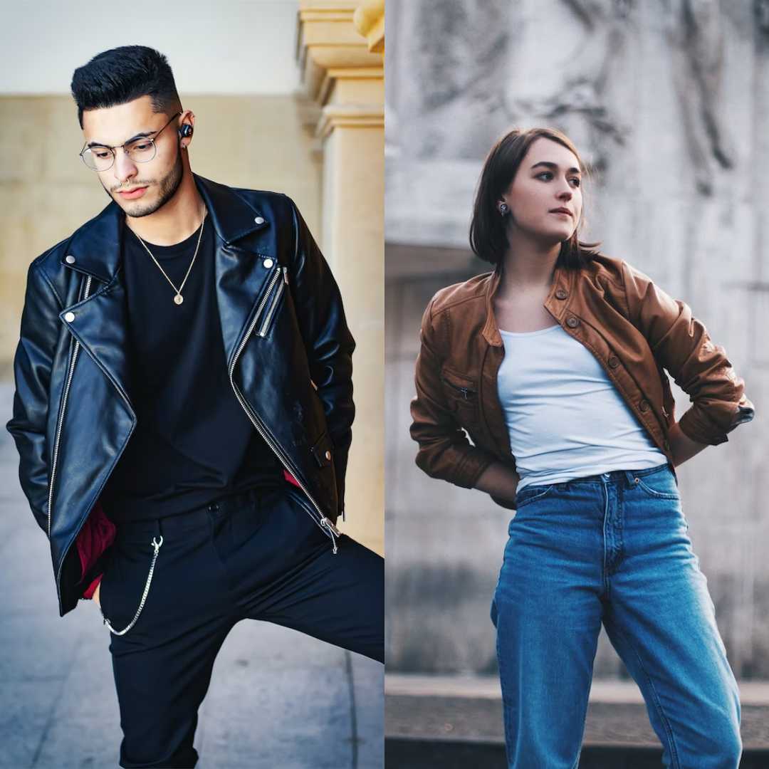 Man and woman wearing Men’s Original Fit Crewn Neck  / Women’s Original Fit Scoop Neck respectively under leather jackets