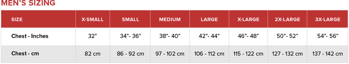 Thompson Tee Size Chart